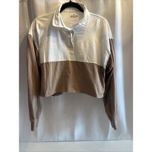 Hollister California‎ Women Top Size M Long Sleeve Brown/White Crop Collar